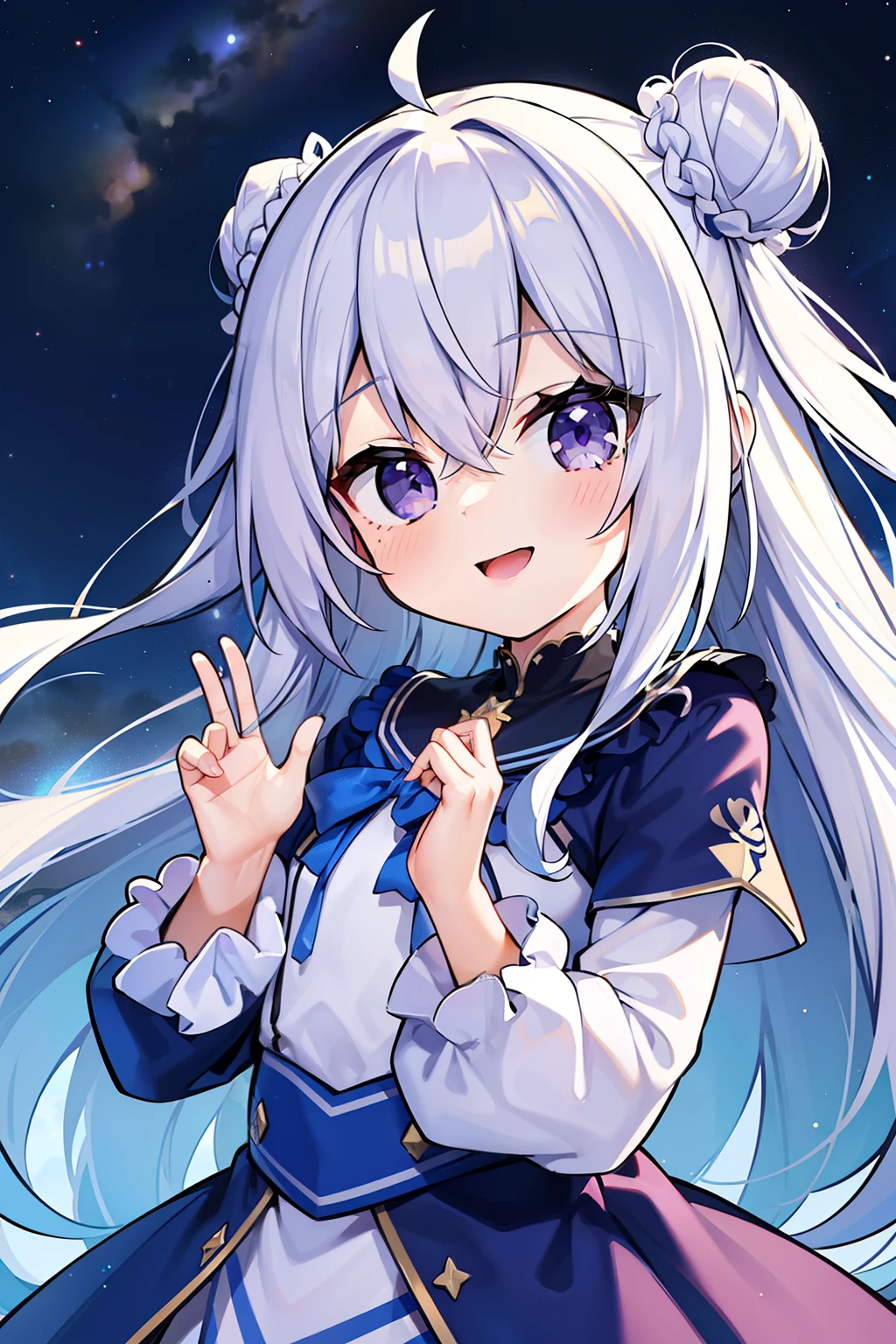 masterpiece, best quality, 1girl, solo, long hair, looking at viewer, (sky blue hair), ((curly hair)), double bun hair, bun on both sides, ((purple eyes)), smile, laughing, blue Magic girl dress, long sleeves, in the universe, (with many stars), with a shooting star, milky way background, a yellow cross bag, elementary school student, 8k, super detail, masterpiece, high quality, high resolution, high detail, high face detail, HD quality, ((upper body)), (((cute))), (happiness)