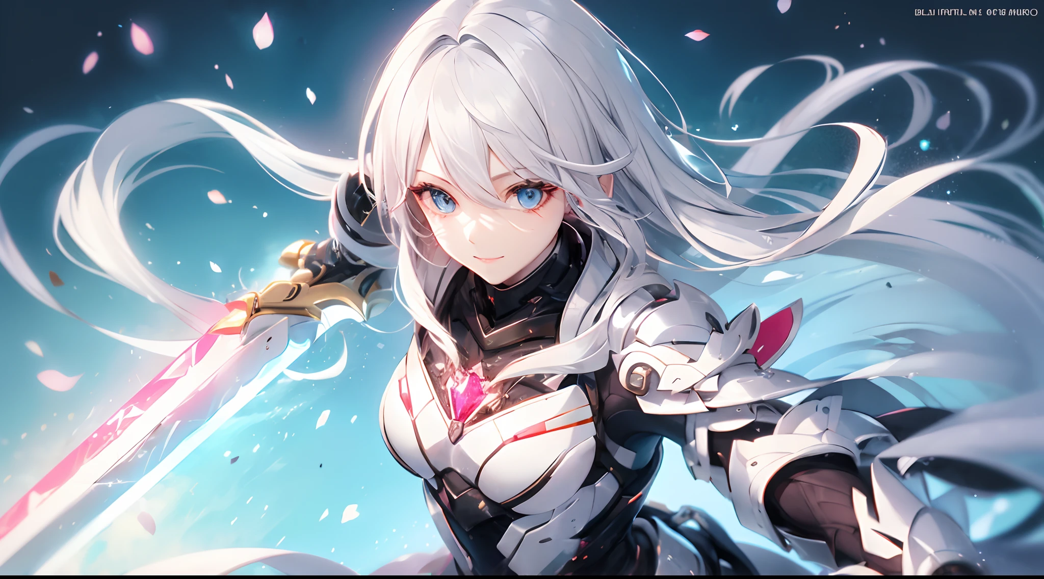 Gray hair, blue color eyes, Red eyeshadow, ssmile, slightly red face, Feminine expression, The delicate face shape is perfectly described, Eye-shaped necklace, Mecha armor，Clear lines, White gloves，Metal streamers, Metallic glossy wing，Wielding a shining thunder sword，Best photo quality, 16K High Resolution, Colored inner hair, Inner dyeing asymmetrical hairstyleAsymmetrical hairstyle, Side drill single-sided drill bit roll, hyper HD