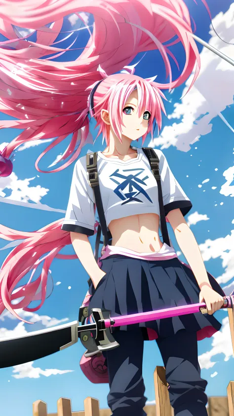 Anime girl with pink hair holding a sword and a pink sword, style of anime4 K, Best anime 4k konachan wallpaper, pink twintail h...
