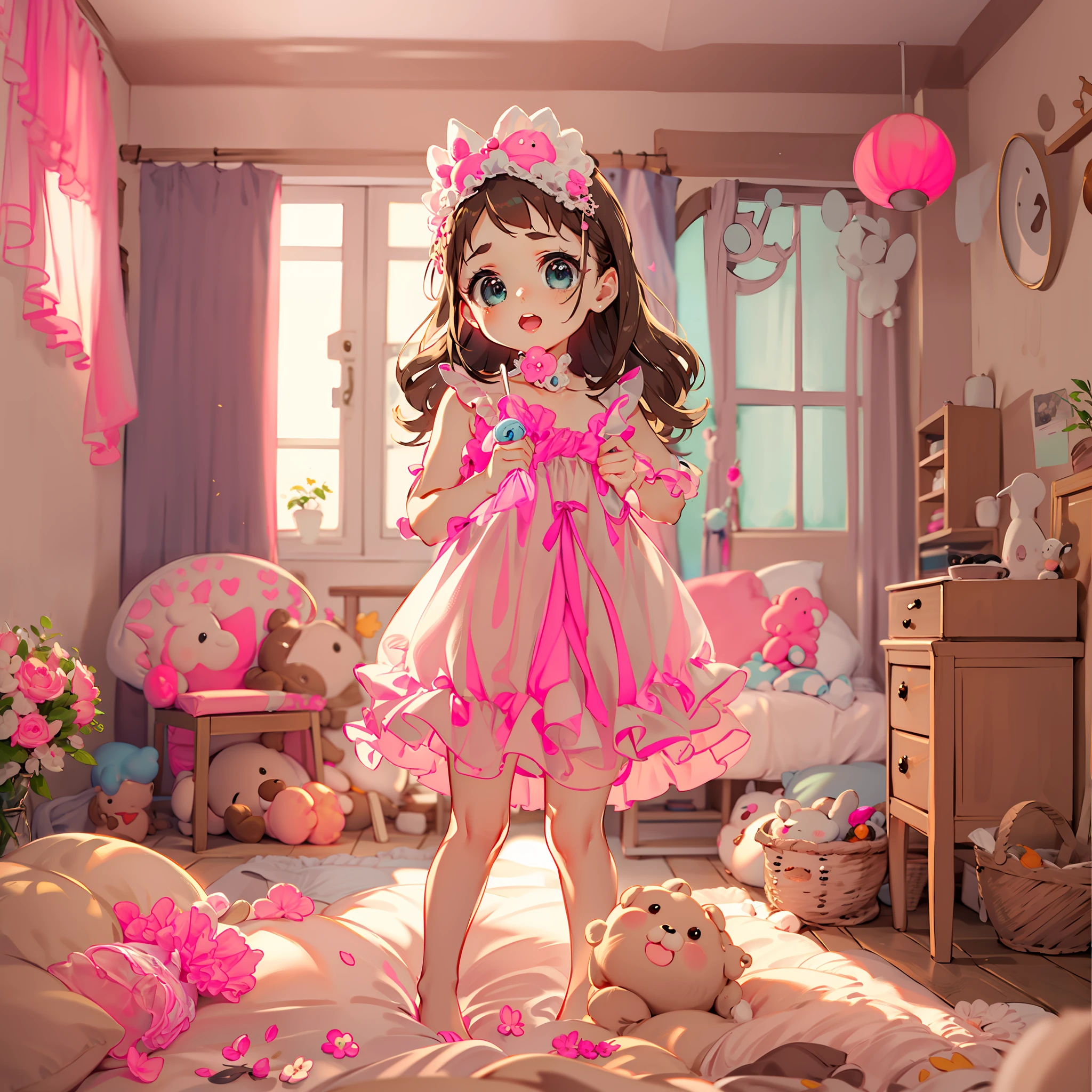 very cute female child:1.5,10 yo,Clothes with peach-colored ruffles:1.8, Barefoot, Summer,day,flat chest:1.5,nsfw:1.3, Cute PINK Living room:1.8,4K, (Raw photo: 1.2), (masutepiece: 1.3), (exquisite detailing: 1.2), Delicate and beautiful details, (Eye Detail), (Facial Detailed), (Highest Quality) :1.4), (Hyper-Resolution: 1.2),(very detailed illustration), Best Quality,depth of fields, Wide light, natural shadows