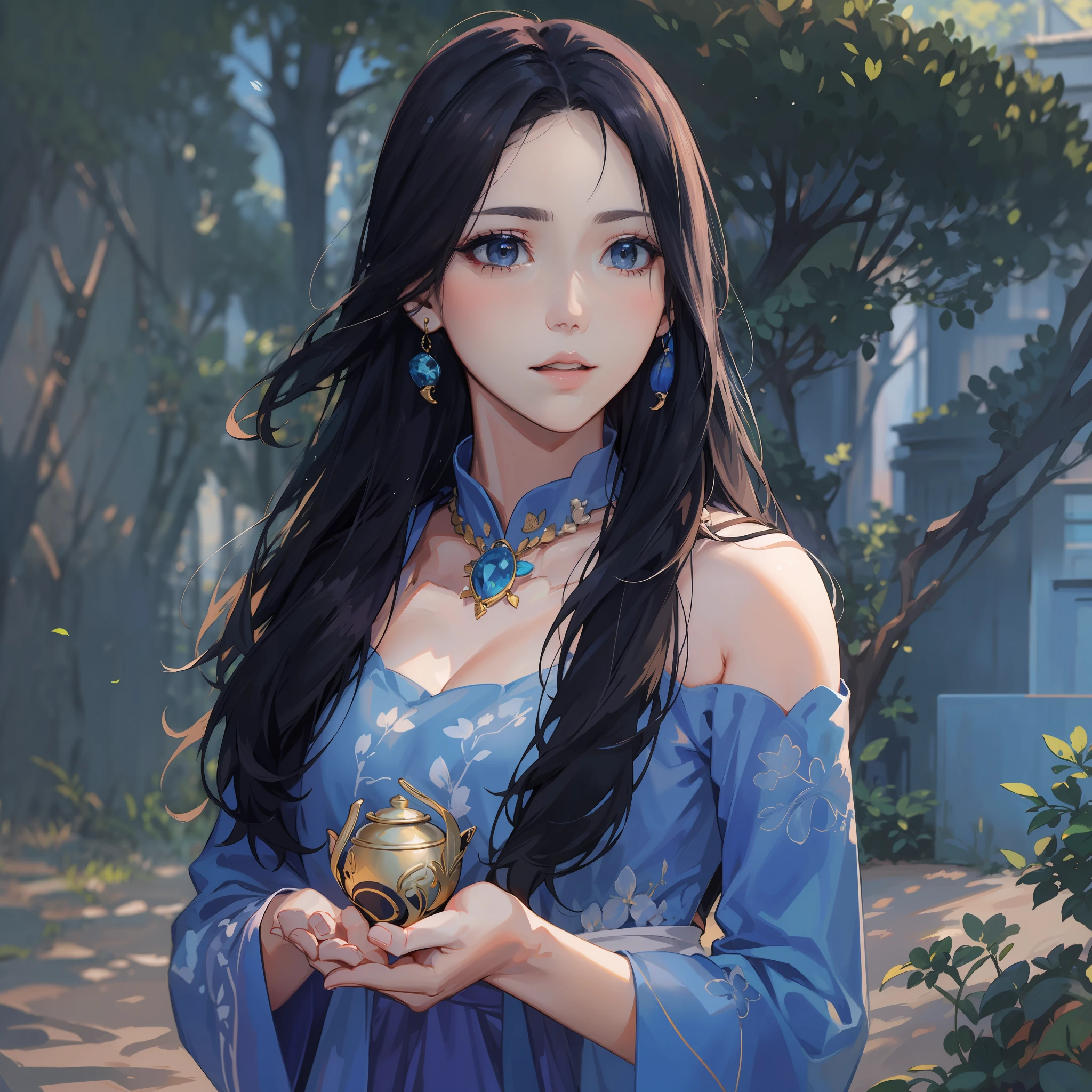 garments:Woman in blue Ao Dai:1.8,accessory:shell necklace,The hair:Long Black Hair:1.1、 make - up:natural, Glowing skin、Wearing sweat, BEReaction:relax、Free-spirited、 The location:Landscape of Vietnam:1.1,Lantern sink:1.1,4K, (Raw photo: 1.2), (Realism: 1.4), (masutepiece: 1.3), (exquisite detailing: 1.2), Delicate and beautiful details, (Eye Detail), (Facial Detailed), (Highest Quality) :1.4), (Hyper-Resolution: 1.2), cinematric light, (very detailed illustration), (Best Quality, Super Resolution, depth of fields, Wide light, natural shadows