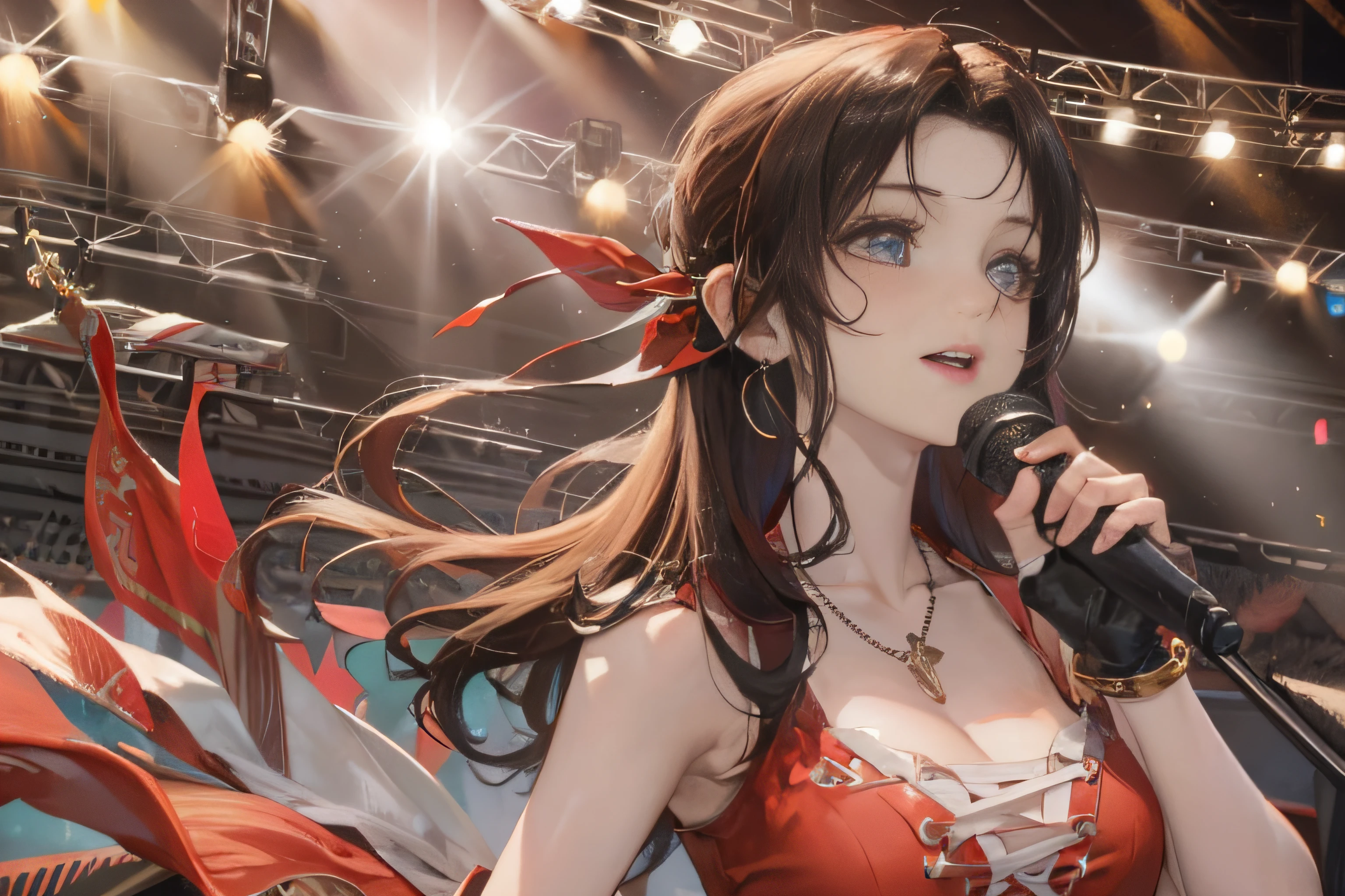 Girl, solo, jewelry, long hair, necklace, earrings, looking at the audience, idol, stage costume, on stage, holding a microphone, cowboy camera, shoulder off, bare shoulders, wavy hair, ((singing with microphone)), bright picture, pretty eyes, lips, parted lips, happy, radiant singing, skirt, ruffles, (Red dress :1.3), with a starlit stage in the background and girls singing on it