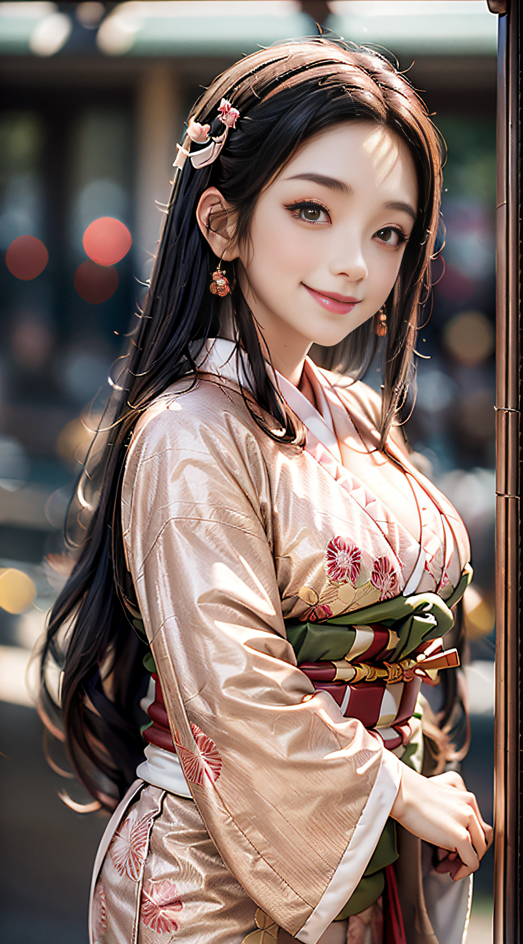 Wear kimono well、(masutepiece: 1.2), Best Quality, masutepiece, High resolution, Original, Highly detailed wallpapers, (super detailing), (Best Illustration), (better shadows), (Nezuko), Smile, blusher,  (perspiring), Under the breasts,