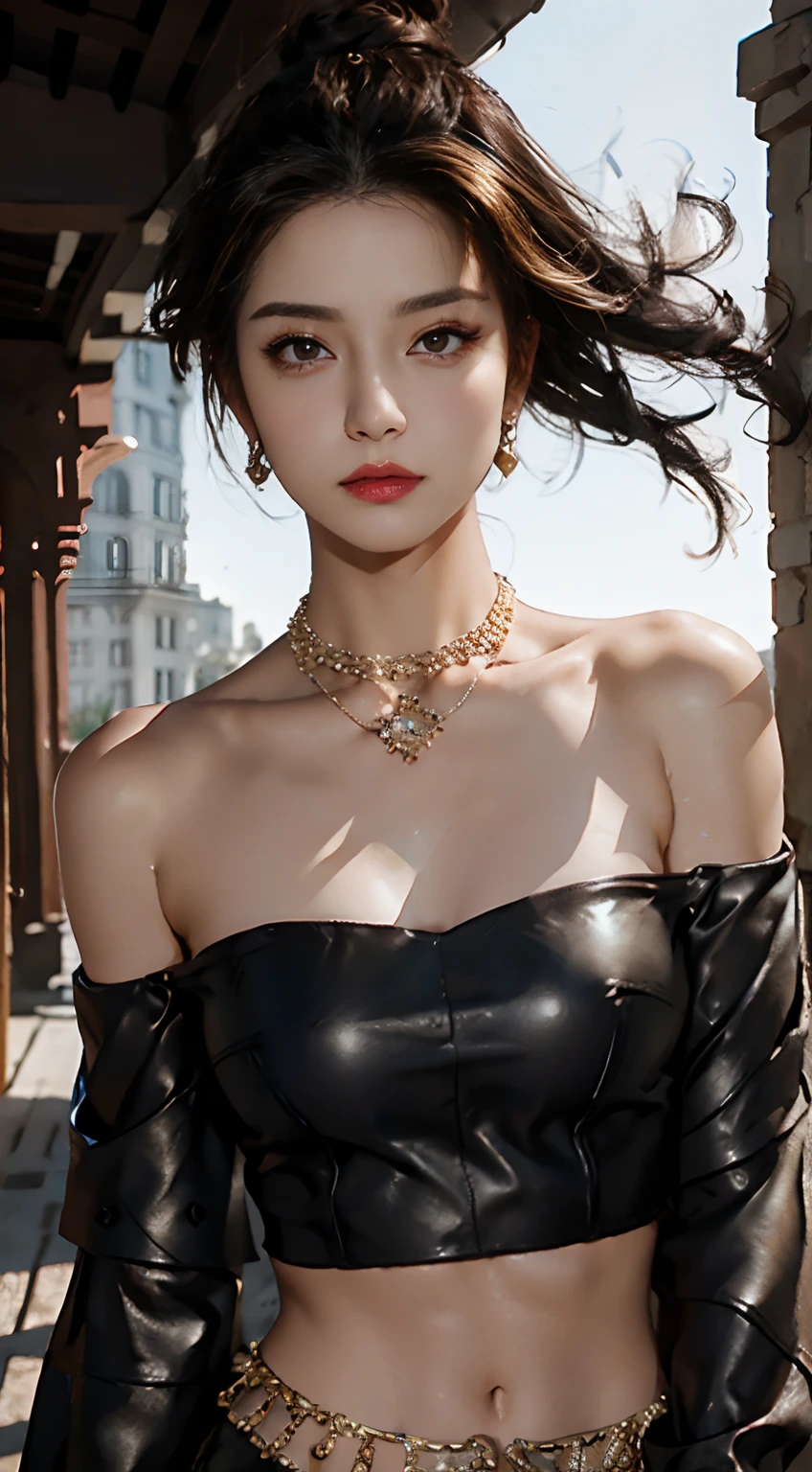 Top quality, masterpiece, ultra high definition, (Reality: 1.4), Original photo, 1Girl, brown eyes, off-shoulder, cinematic lighting, big, dark eyeliner, brown hair, wind, necklace, piercings, bangles, abs,