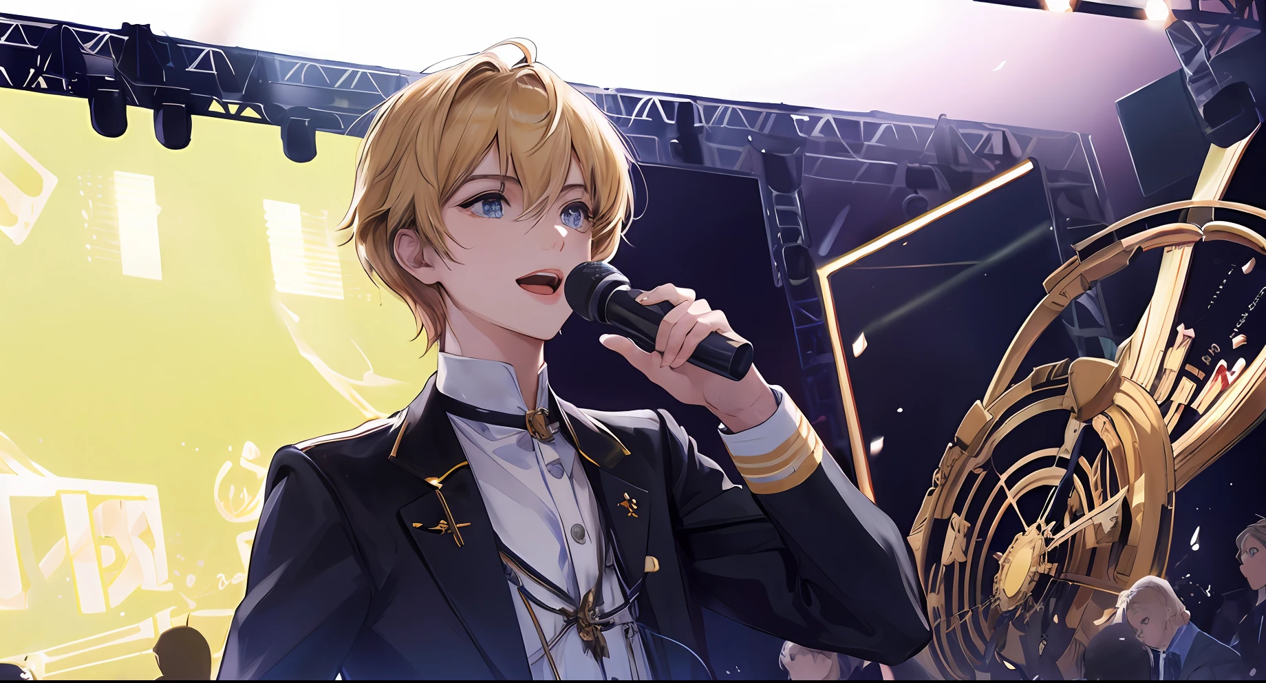 （A man sings on stage with a microphone：1.3），（Gold microphone：1.3），(((perfect human  hands, Super perfect too human 5 fingers)))，Smile，Delicate and beautiful hair and eyes and face，golden hair，short detailed hair，inch hair，Solid round eyes，A shallow smile，ultra-realistic realism，shadowing，stereograms，Stereoscopic view，atmosphric perspective，Ray traching，（Sing on stage：1.3），Best stage，Gold microphone， (Colorful stage lights:1)，Professional stage, Professional lighting, Live lighting，（Spectators sit in the distance：1.2），（Faraway view：1.2），telephoto lenses，wide angles，Ray traching，8k，super detailing，Accuracy，best qualtiy