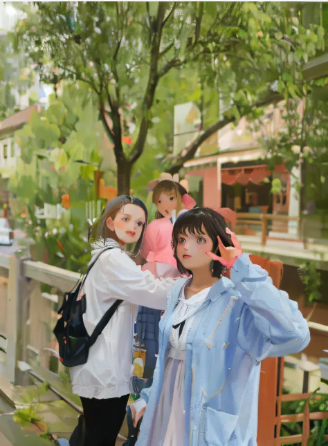 Two women standing on the bridge One woman carrying a black bag holding a pink child Biye Wicker in the foreground Realistic Sma...