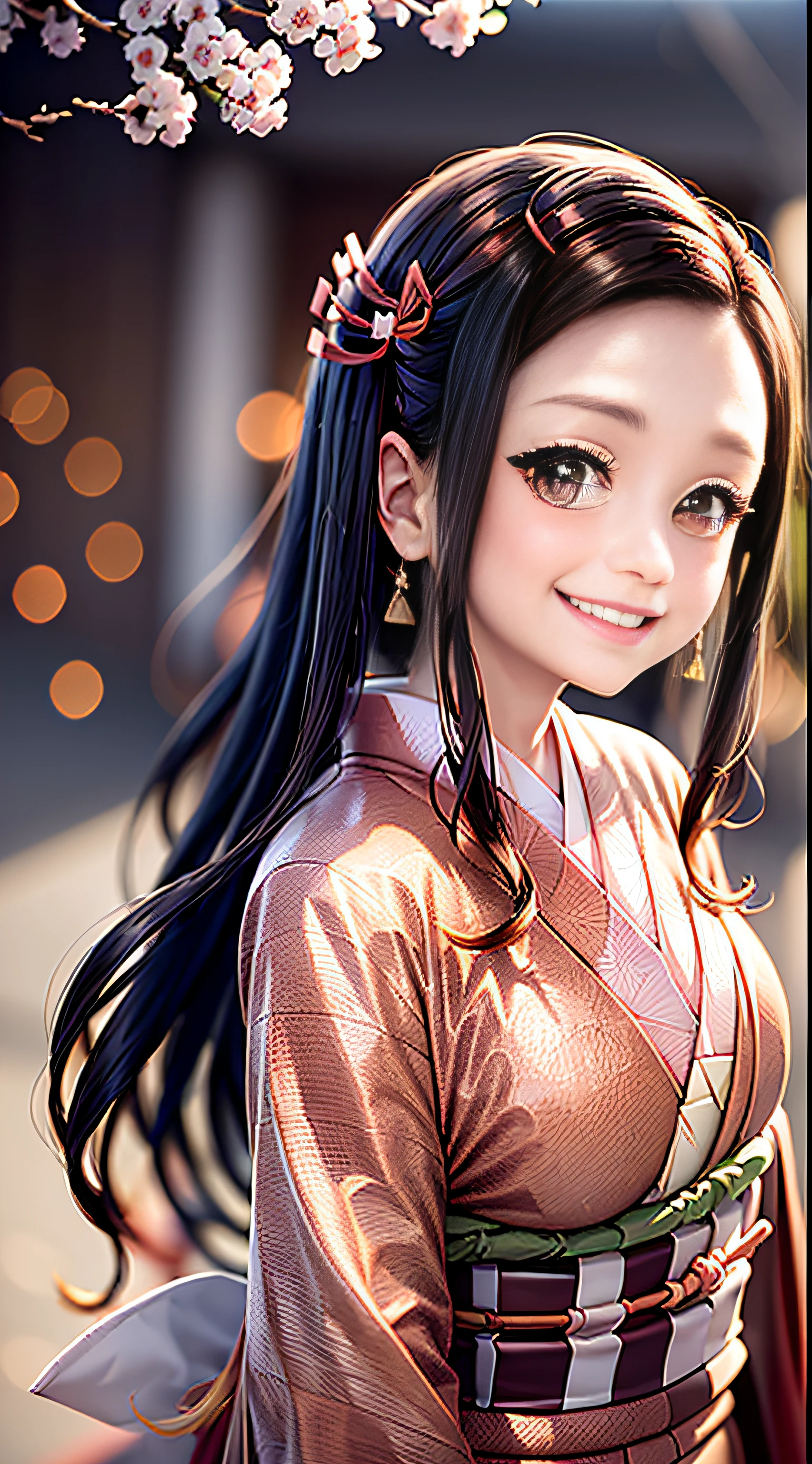 Wear kimono well、(masutepiece: 1.2), Best Quality, masutepiece, High resolution, Original, Highly detailed wallpapers, (super detailing), (Best Illustration), (better shadows), (Nezuko), Smile, blusher,  (perspiring), Under the breasts,