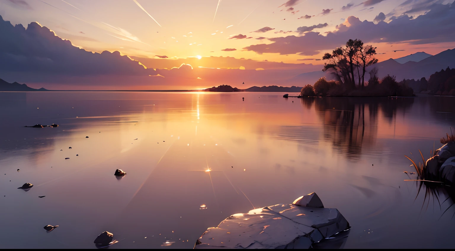 imagem, que retrata um nascer do sol brilhante sobre uma paisagem calma e serena