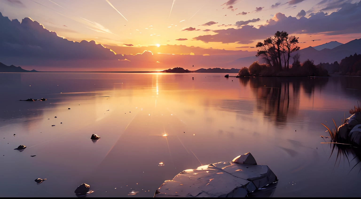 image, qui représente un lever de soleil brillant sur un paysage calme et serein