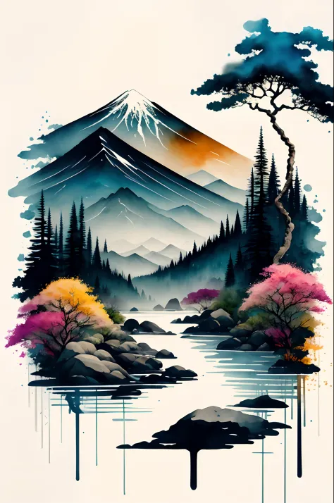 white background, scenery, watercolor, mountains, water, trees, colorful,