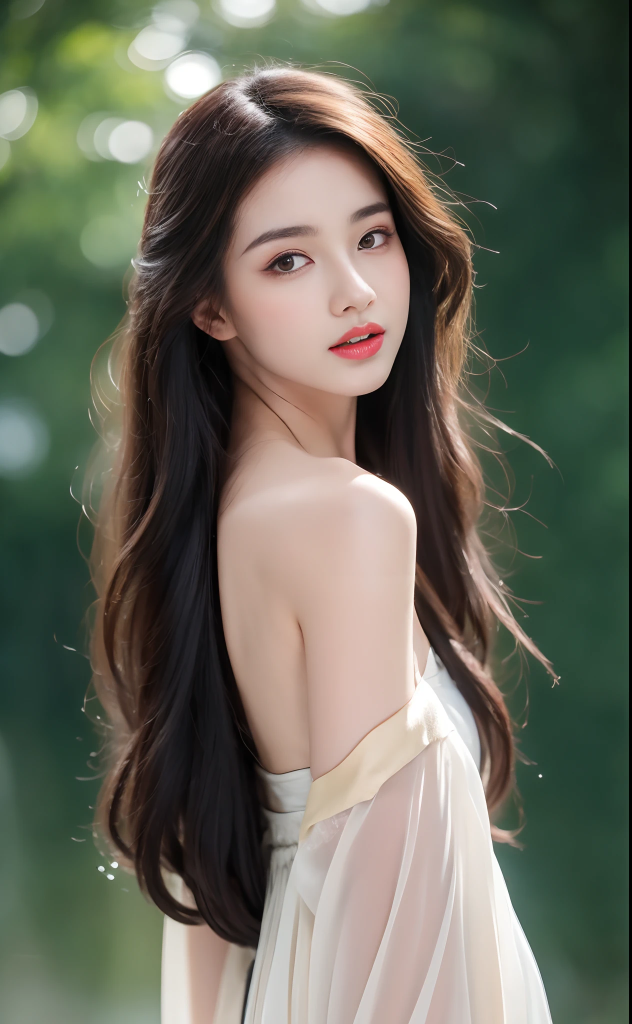 ((Best Quality, 8k, Masterpiece: 1.3)), Focus: 1.2, Perfect Body Beauty: 1.4, Buttocks: 1.2, ((Layered Haircut)), (Wet Clothes: 1.1), (Rain, Street:1.3), (Breasts: 1.2), (Hanfu: 1.2), Bare Shoulders, Bare Legs, Highly Detailed Face and Skin Texture, Fine Eyes, Double Eyelids, Whitened Skin, Long Hair, (Shut Up: 1.5), (Bokeh Background: 1.5), Big Breasts