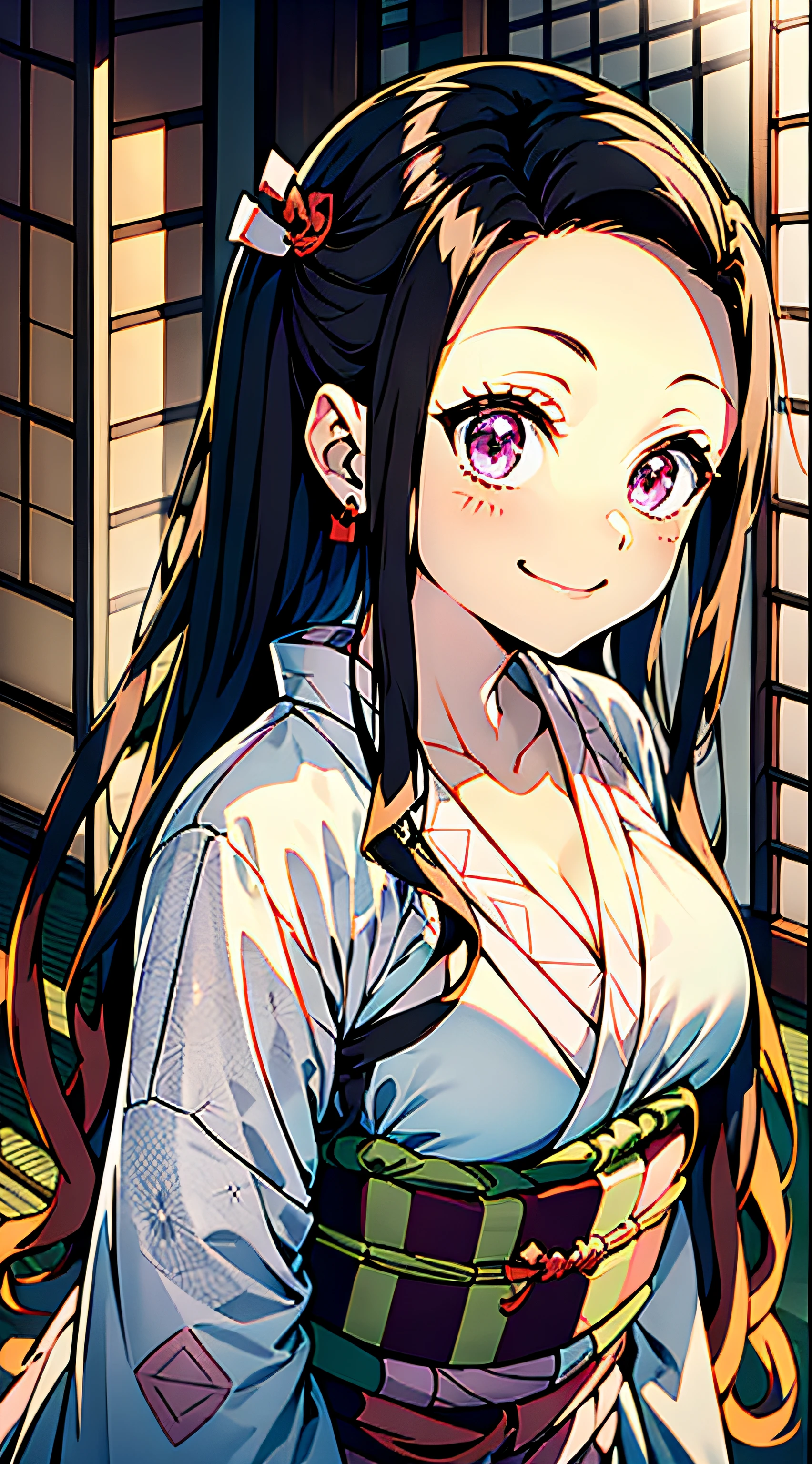 Llevar bien el kimono、(mesa: 1.2), mejor calidad, mesa, Alta resolución, original, Fondos de pantalla altamente detallados, (súper detalles), (mejor ilustración), (Mejores sombras), (nezuko), sonrisa, colorete,  (sudoroso), debajo de los senos,