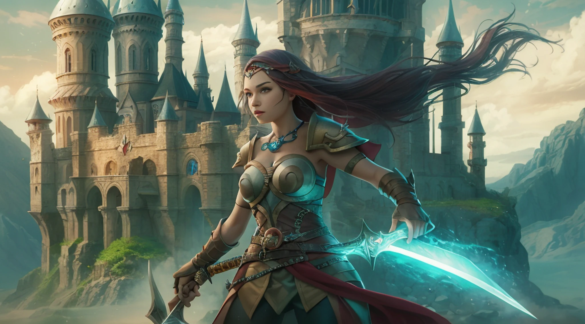 uma mulher em um cenário de fantasia com uma espada e um castelo, detailed arte digital de fantasia 2d, Arte de fantasia 4k, arte de fantasia de alta qualidade, 2. arte de fantasia de anime 5 d cgi, arte de fantasia detalhada, arte digital de fantasia 2d, arte de fantasia hd, arte de jogo de fantasia, Arte de fantasia 8K, Arte de fantasia Behance, Estilo de arte de fantasia épica HD