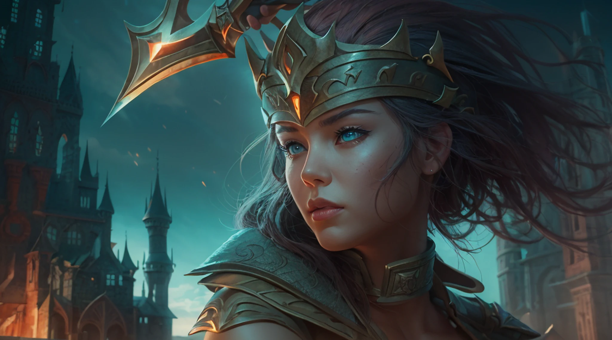 a woman in a fantasy setting with a sword and a castle, detailed digital 2d fantasy art, 4k fantasy art, high quality fantasy art, 2. 5 d cgi anime fantasy artwork, detailed fantasy art, digital 2d fantasy art, hd fantasy art, fantasy game art, 8k fantasy art, fantasy art behance, epic fantasy art style hd