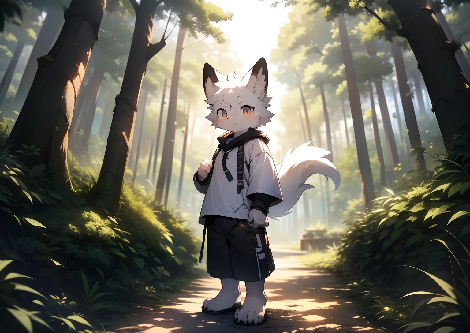 Libido boy，furry wolf，((shota)), Black and white hair, Very good figure, Handsome，adolable, Light：Extreme light and shadow, Reflective skin,Reddish skin，((worn-out clothing，Commoner)) ，((Deep in the forest，Stone path，Signs，solo，solo person))，Outdoor sunset，((the detail))，（depth of fields），standing on your feet