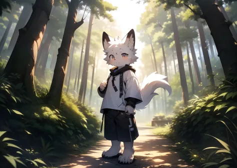 Libido boy，furry wolf，((Shota)), Black and white hair, Very good figure, Handsome，adolable, Light：Extreme light and shadow, Reflective skin,Reddish skin，((worn-out clothing，Commoner)) ，((Deep in the forest，Stone path，Signs，独奏，solo person))，Outdoor sunset，(...