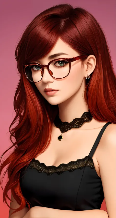 plethora of colors，mature，Short brownish-red gradient hair，quadratic element，Red square-rimmed glasses，