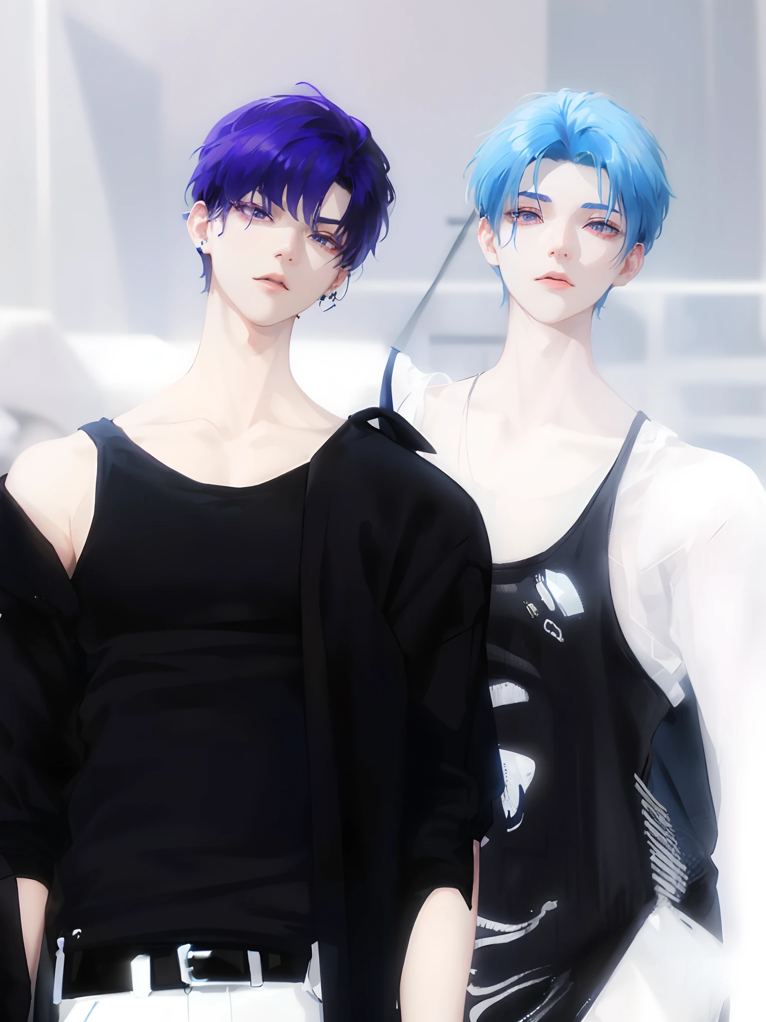 Two women with blue hair and black tops are standing next to each other, inspired by Sim Sa-jeong, nixeu and sakimichan, Inspired by Wang Duo, detailed punk hair, focus on two androids, Morgoth, inspired by Bian Shoumin, Virtual Self, looking this way, inspired by Gang Se-hwang, inspired by jeonseok lee, Tumbler