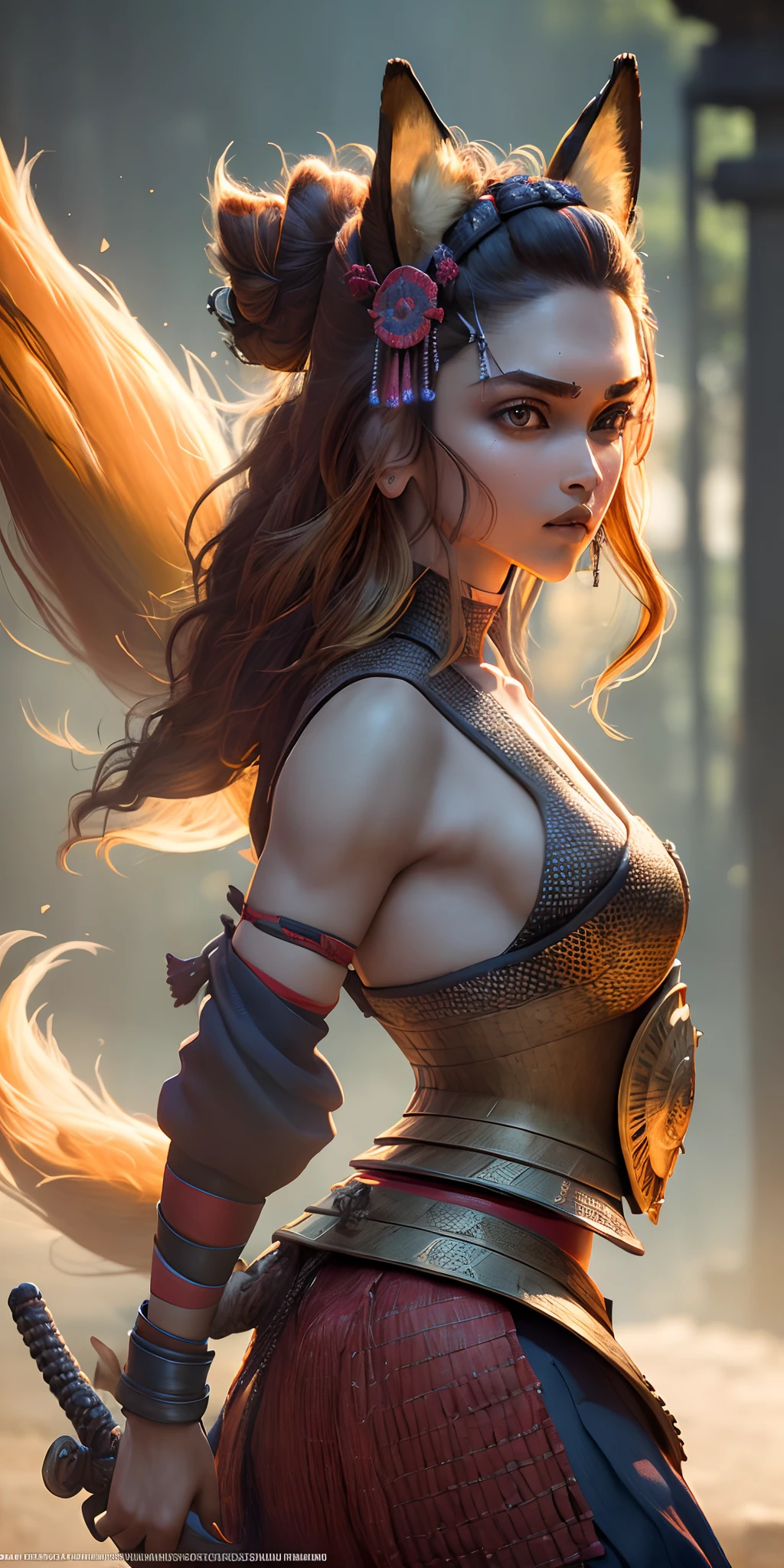 (best quality, masterpiece), 1girl, samurai, particle, wind, looking at viewer, fox ear, monsters in background, backlighting, upper body, pose, deepika
