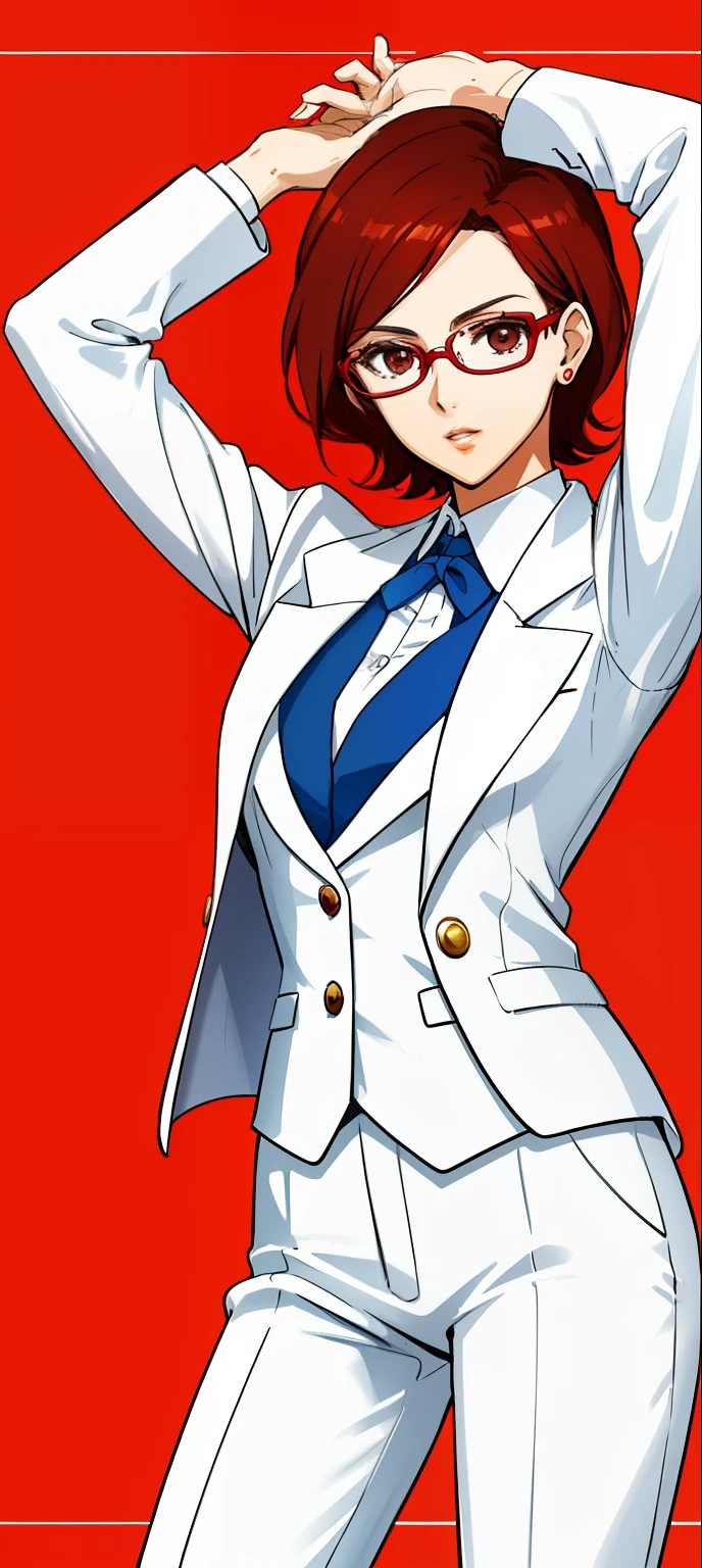 Mature woman with glasses，quadratic element，White suit，JOJO standing，Pose，short detailed hair，red brown hair，Red frame