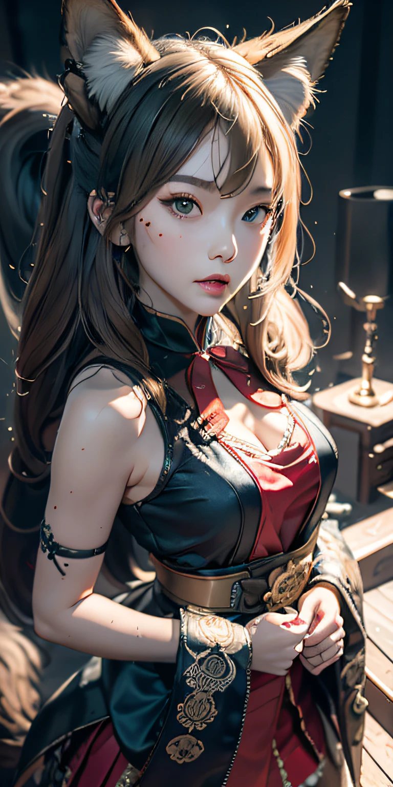 1girl,solo, official art, unity 8k wallpaper, ultra detailed, beautiful and aesthetic, beautiful, masterpiece, best quality, Kitsune witch, fox mask, haori jacket, foxfire spell, fox familiar, transformation,depth of field,