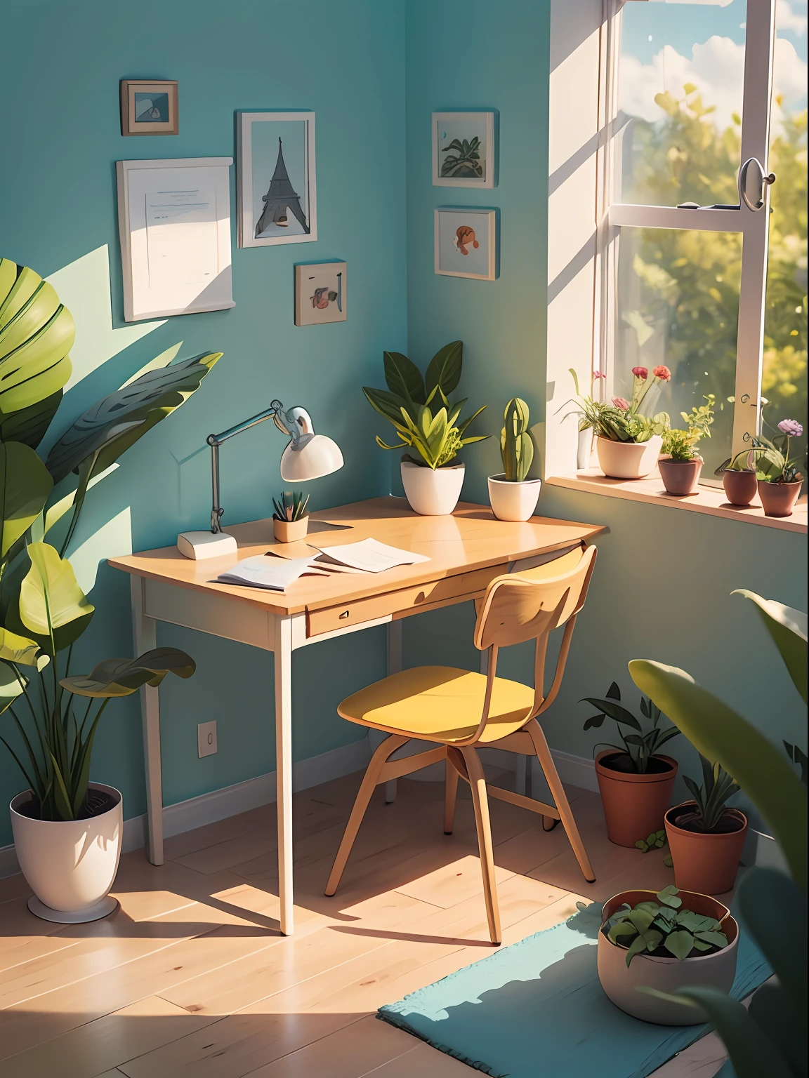 Иллюстрация письменного стола, нарисованная в мультяшном стиле. Добавьте природные элементы, Как растения и цветы, И используйте мягкую цветовую палитру, чтобы создать расслабляющую атмосферу..