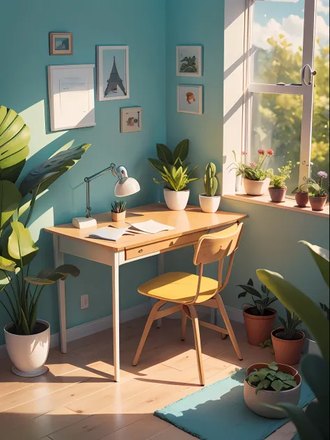 Illustration of desk drawn in cartoon style. Add natural elements, As plants and flowers, And use a soft color palette to create...