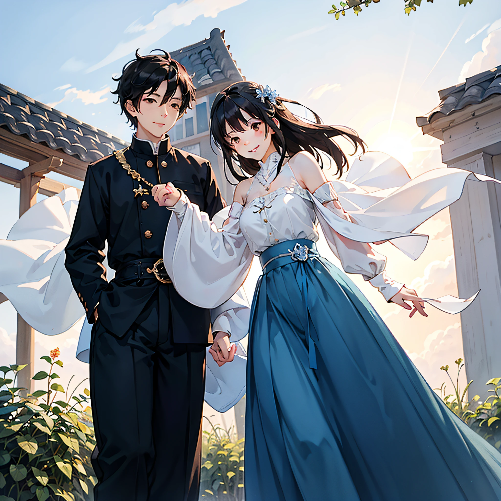 Anime couple dressed in formal attire walking in front of a building -  SeaArt AI