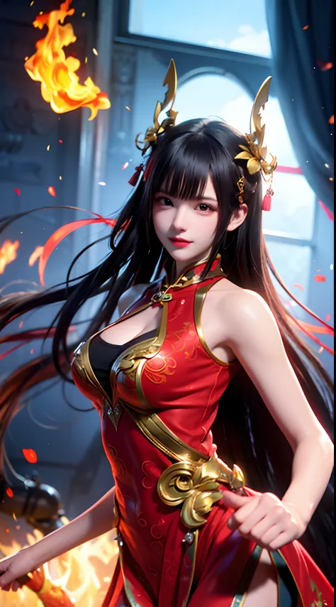 Hot red chili pepper female，Wearing a cheongsam，In a picture at 16K resolution，Elements surrounding flames and balls。