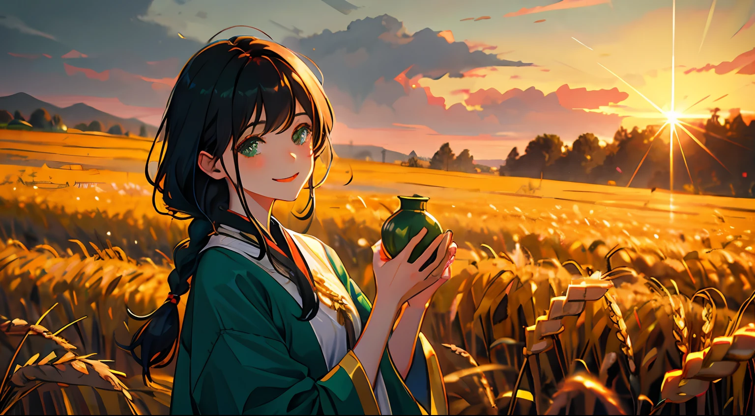 5. The character：Ethnic minority girls，Long black braided at the top of the head，Dark green eyes are bright and clear，She wore a cheerful and enthusiastic smile，Dressed in traditional costumes，Clutching a handful of golden ears of wheat in his hand。 scene：She stood in a golden wheat field，The sun shines on her，The ears of wheat swayed gently in her hands，Her smile is full of anticipation and joy for a good harvest，It forms a picture of harvest and hope。