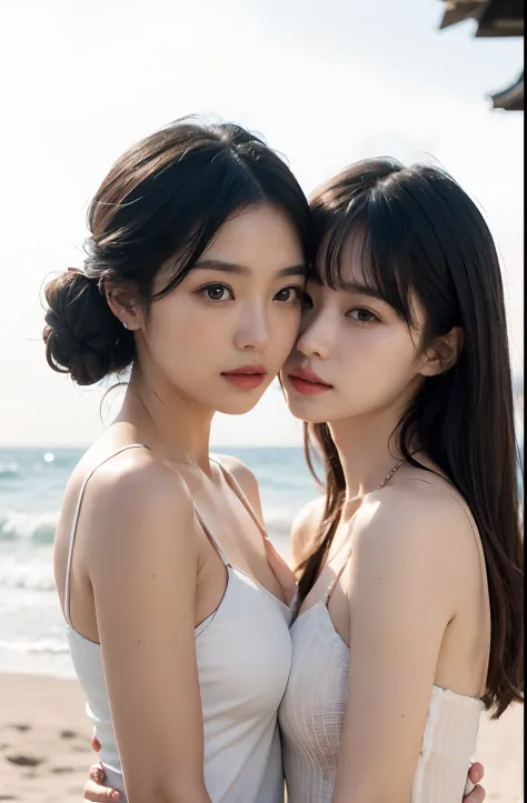 (Two Chinese stars with the style of royal sisters,duo,caressing the,Kissing,on the beach), ((Best quality, 8K, Masterpiece: 1.3)), Focus: 1.2, Perfect body beauty: 1.4 , (funny expression), (Night Street: 1.3), Highly detailed face and skin texture, Fine ...