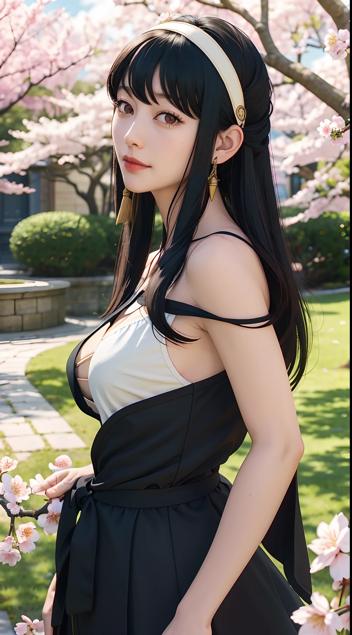 yor, Mature female,  bangs, side locks, Red eyes, Black hair, hair adornments，sportrait, (face:1.2), schoolgirls, ssmile,bare shoulders​, Black hair, cherry blossom, cleavage, (Robe:1.21), 鎖骨, Willow Branch, (masterpiece best quality :1.2),