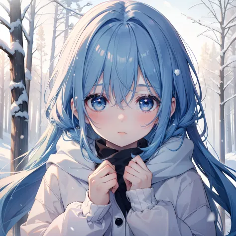 1girl, (teen), (close up), (cute:1.2), closed mouth, swet lips, (rosy cheeks), (shy), (pale skin), (dark blue eyes), (blue hair), (long hair), (long strands), (cold:1.4), (young pine forest), (snow),