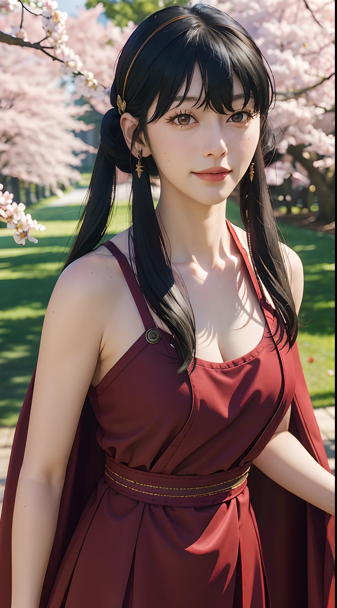 yor, Mature female,  bangs, side locks, Red eyes, Black hair, hair adornments，sportrait, (face:1.2), schoolgirls, ssmile,bare shoulders​, Black hair, cherry blossom, cleavage, (Robe:1.21), 鎖骨, Willow Branch, (masterpiece best quality :1.2),