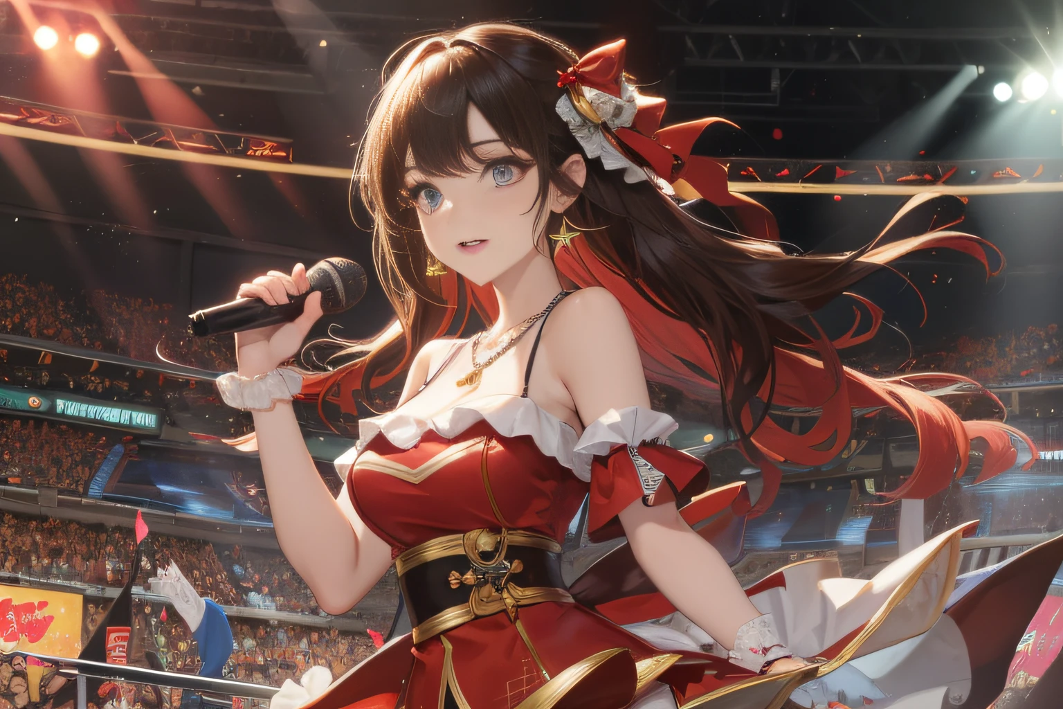 Girl, solo, jewelry, long hair, necklace, earrings, looking at the audience, idol, stage costume, on stage, holding a microphone, cowboy camera, shoulder off, bare shoulders, wavy hair, ((singing with microphone)), bright picture, pretty eyes, lips, parted lips, happy, radiant singing, skirt, ruffles, (Red dress :1.3), with a starlit stage in the background and girls singing on it