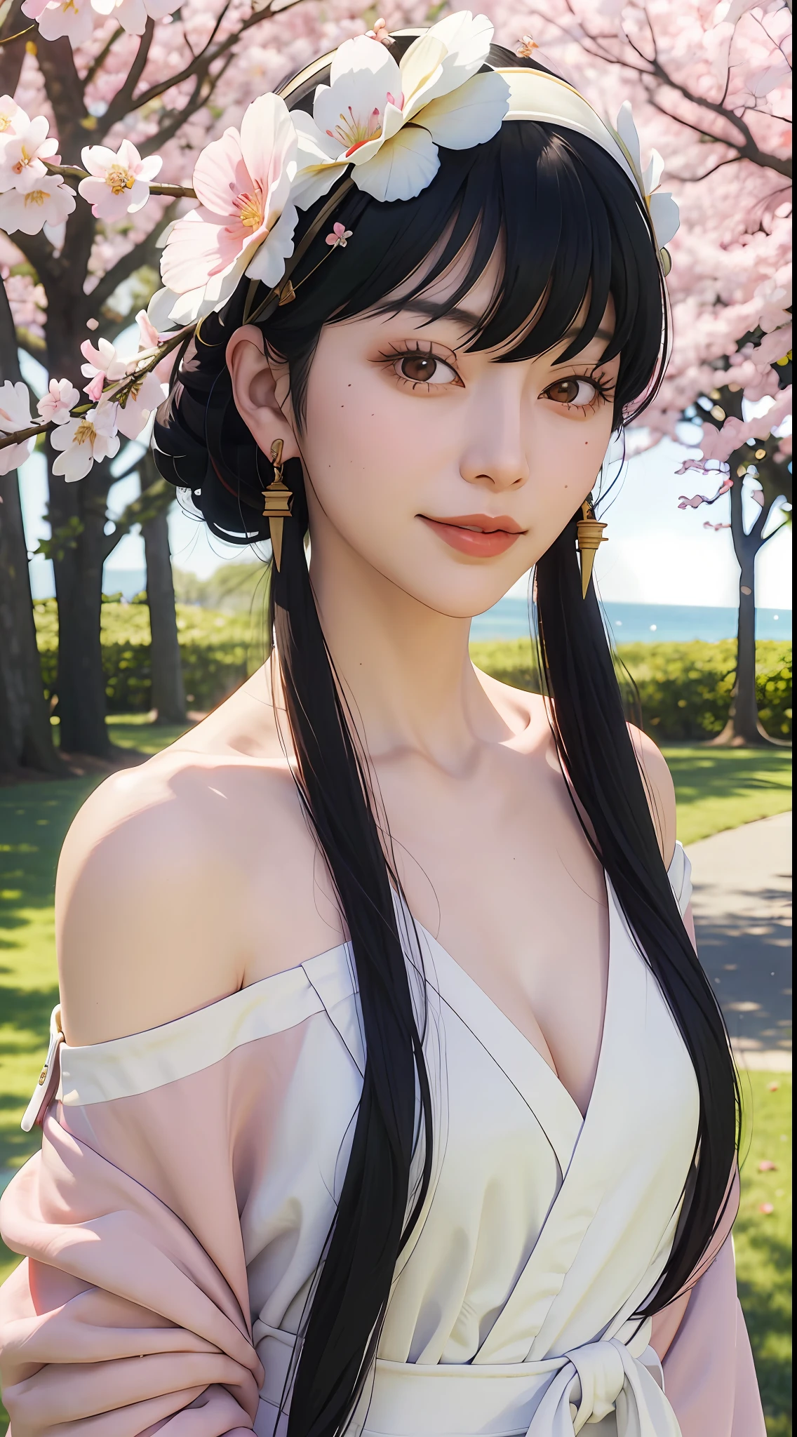 yor, Mature female,  bangs, side locks, Red eyes, Black hair, hair adornments，sportrait, (face:1.2), schoolgirls, ssmile,bare shoulders​, Black hair, cherry blossom, cleavage, (Robe:1.21), 鎖骨, Willow Branch, (masterpiece best quality :1.2),