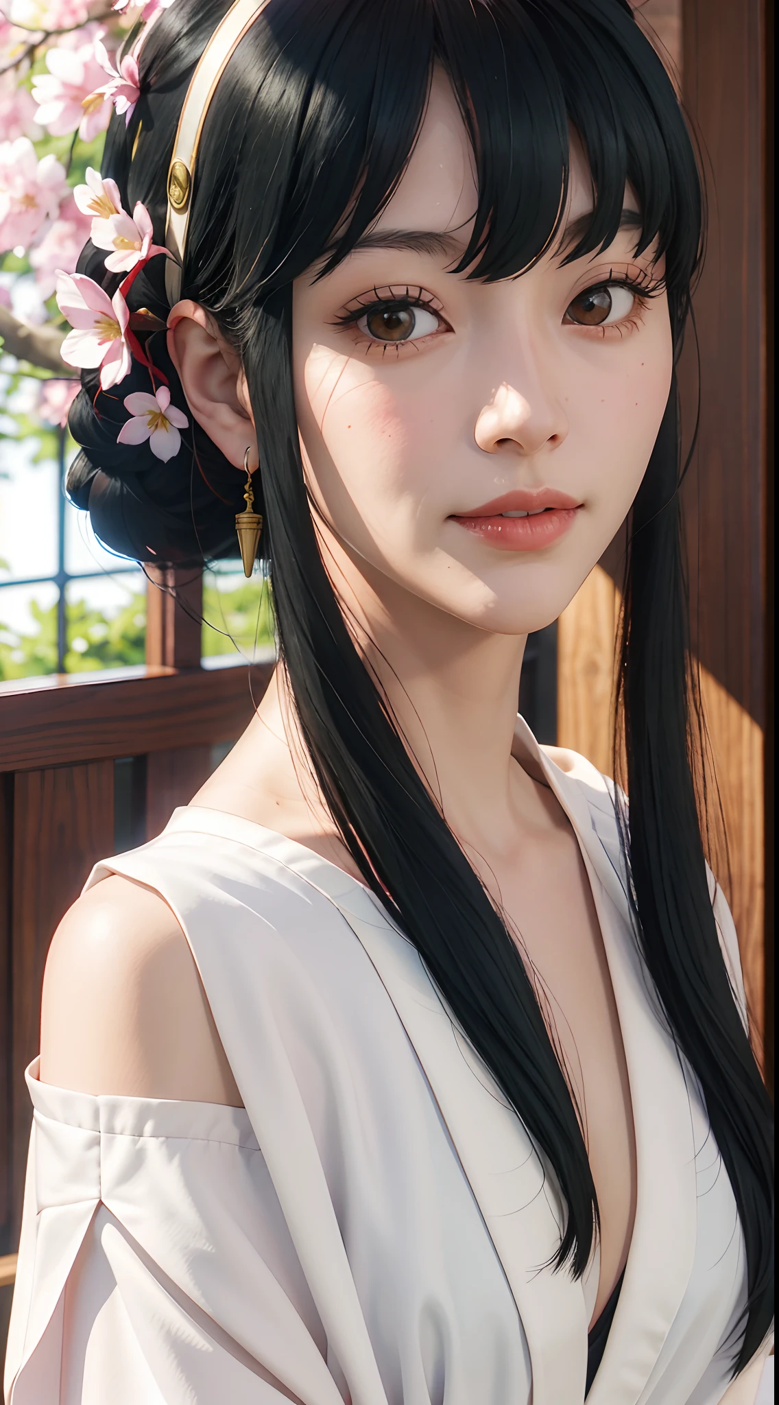 yor, Mature female,  bangs, side locks, Red eyes, Black hair, hair adornments，sportrait, (face:1.2), schoolgirls, ssmile,bare shoulders​, Black hair, cherry blossom, cleavage, (Robe:1.21), 鎖骨, Willow Branch, (masterpiece best quality :1.2),