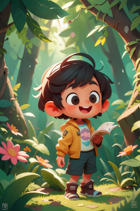 a happy cute kid standing short hair, vestindo uma fantasia espacial, brincando com uma borboleta, ao ar livre, floresta de fund...