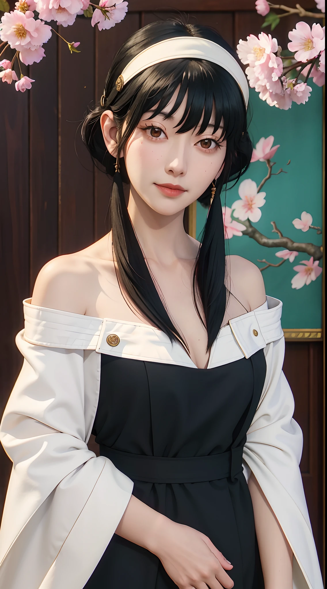 yor, Mature female,  bangs, side locks, Red eyes, Black hair, hair adornments，sportrait, (face:1.2), schoolgirls, ssmile,bare shoulders​, Black hair, cherry blossom, cleavage, (Robe:1.21), 鎖骨, Willow Branch, (masterpiece best quality :1.2),