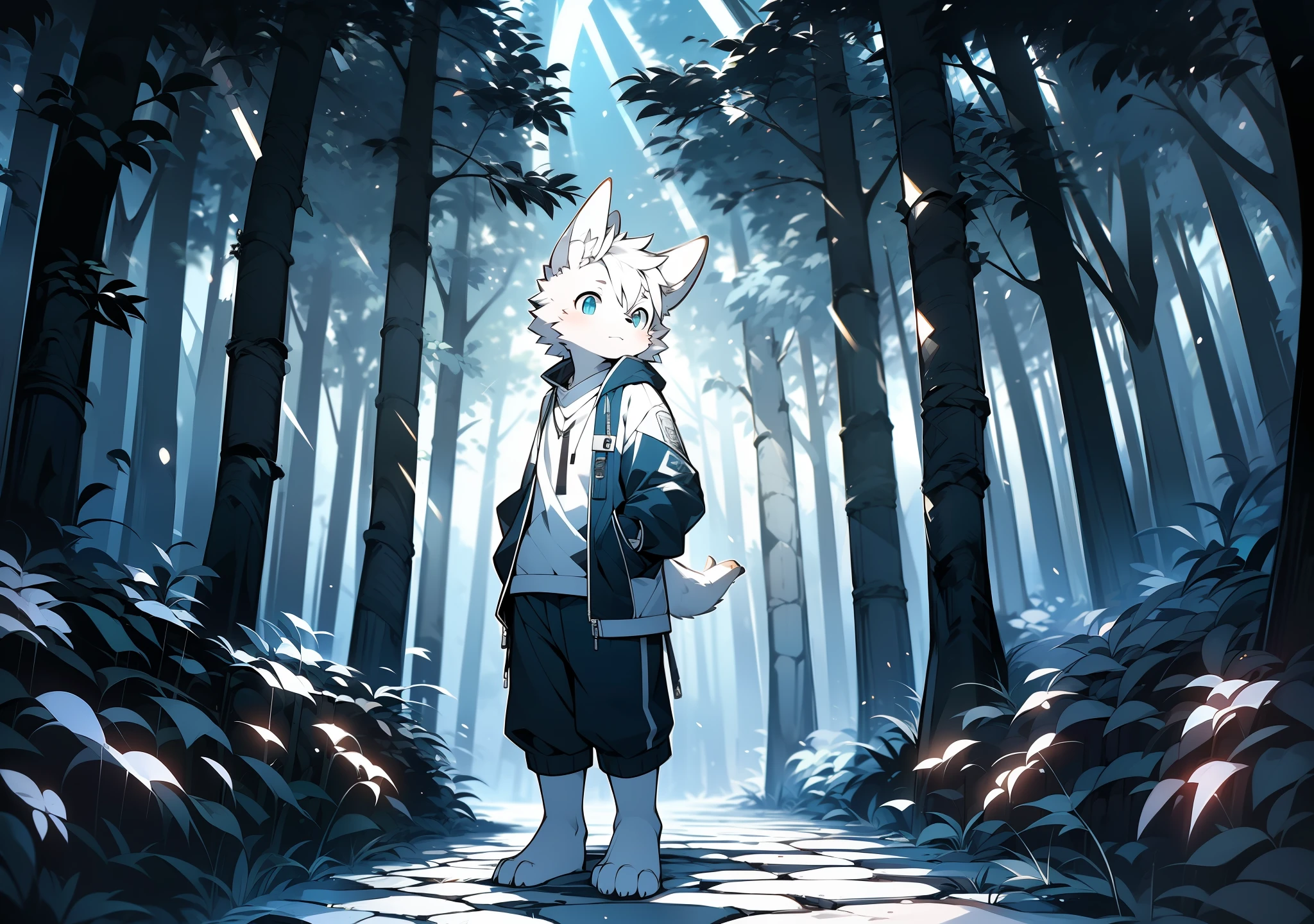 Libido boy，furry wolf，((Shota)), Black and white hair, Very good figure, Handsome，adolable, Light：Dark，glowworm，the night,No light ，nigth，，Reflective skin,Reddish skin，((worn-out clothing，Commoner)) ，((Deep in the forest，Stone path，Signs，独奏，solo person))，exteriors，((the detail))，（depth of fields），standing on your feet