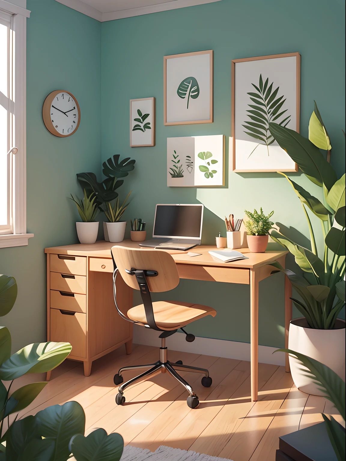 Büroillustration im Cartoon-Stil gezeichnet. Fügen Sie natürliche Elemente hinzu, Als Pflanzen und Blumen, Und verwenden Sie eine sanfte Farbpalette, um eine entspannende Atmosphäre zu schaffen.