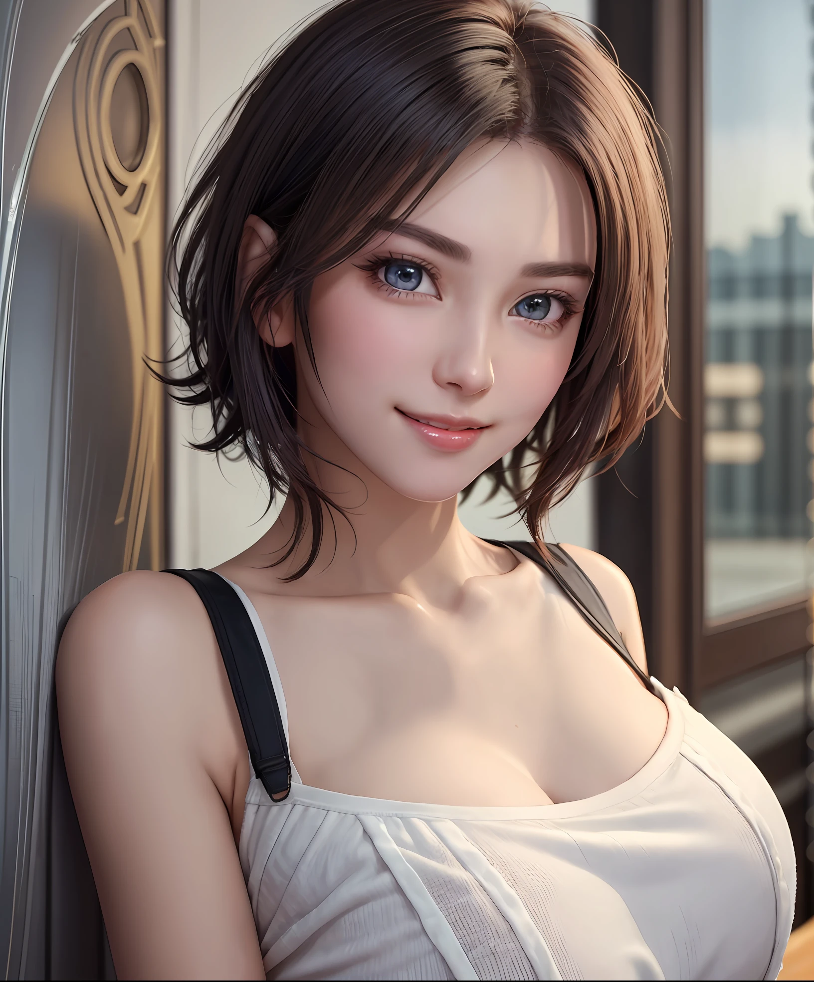 Best Quality, Ultra High Resolution, (Photorealistic: 1.4), Beautiful Eyes, Super Beautiful, Very Short Hair, Beautiful, Sweetheart, T-shirt with Rough Chest, Beautiful Soldier, Eyes That Invite Viewer, Lover's Perspective, Inviting Expression, Sexy Smile, Perfect Style, Perfect Balance, Detailed Skin, Naughty Gaze, Chest Visible