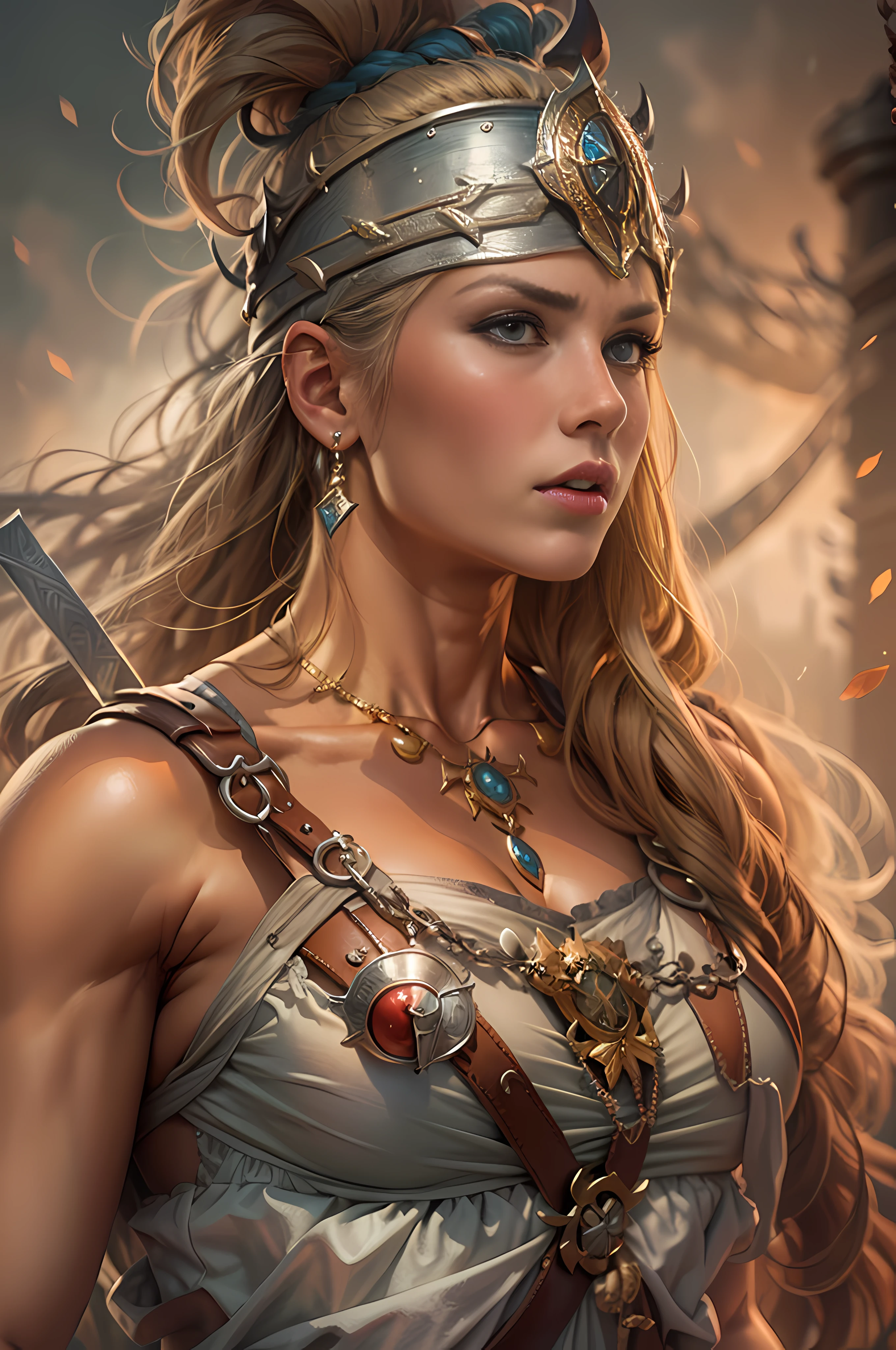 (Masterpiece, ultra detailed: 2), (best quality: 2), (beautiful woman: 2), (beautiful face: 2), viking warrior woman, muscles, very big breass, sexy