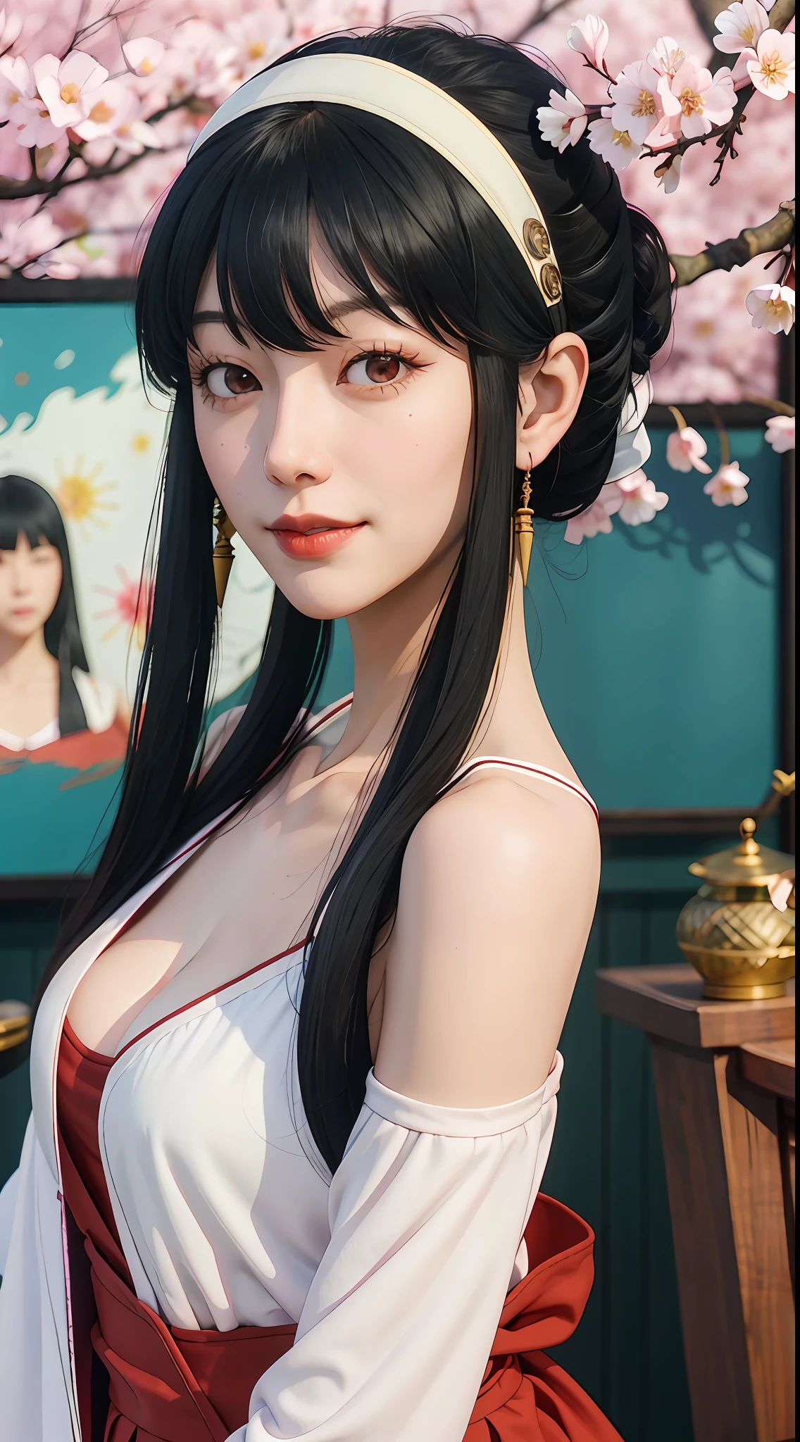 yor, Mature female,  bangs, side locks, Red eyes, Black hair, hair adornments，sportrait, (face:1.2), schoolgirls, ssmile,bare shoulders​, Black hair, cherry blossom, cleavage, (Robe:1.21), 鎖骨, Willow Branch, (masterpiece best quality :1.2),