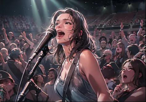 masterpiece, best quality, realistic, super detailed, Inside the concert, the female singer is singing by the microphone, head t...