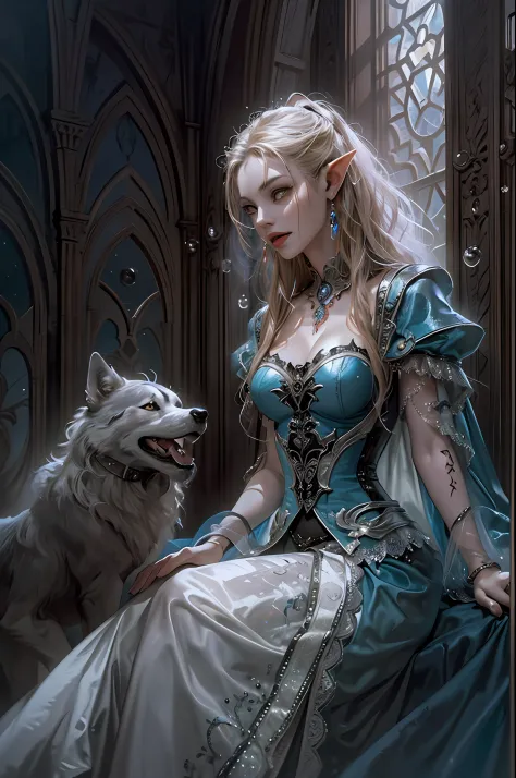 a picture of vampire in her castle and her pet wolf, an exquisite beautiful female elf vampire (ultra detailed, Masterpiece, bes...