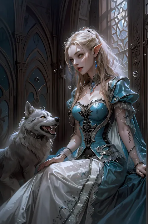 a picture of vampire in her castle and her pet wolf, an exquisite beautiful female elf vampire (ultra detailed, masterpiece, bes...