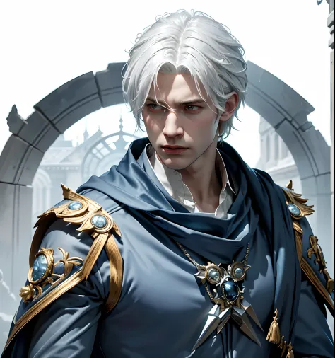 1 man, white hair and blue dress and blue cape, androgynous noble, delicate androgynous, handsome, royal elegant pose, 1man, ste...