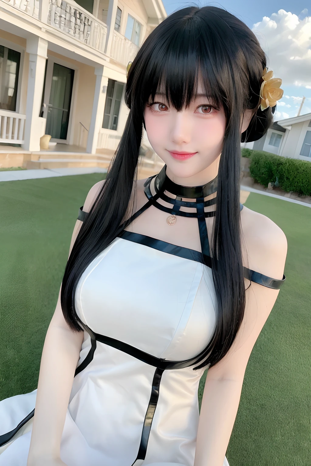 (8K、top-quality、​masterpiece:1.2)、(realisitic、Photorealsitic:1.37)、ultra-detailliert、(1girl in:1.6)、cute little、Beautiful detailed sky、(outside of house:1.4)、during daytime、huge tit、A dark-haired、is standing、date、(nose-blushing)、(a smile:1.15)、(a closed mouth:1.2)、breastsout、beatiful detailed eyes、wet​、Sateen、White lace、(length hair:1.2)、Floating Hair Nova Frog Style、looking at the viewers、Facing the viewer、full bodyesbian、Yorbrier、