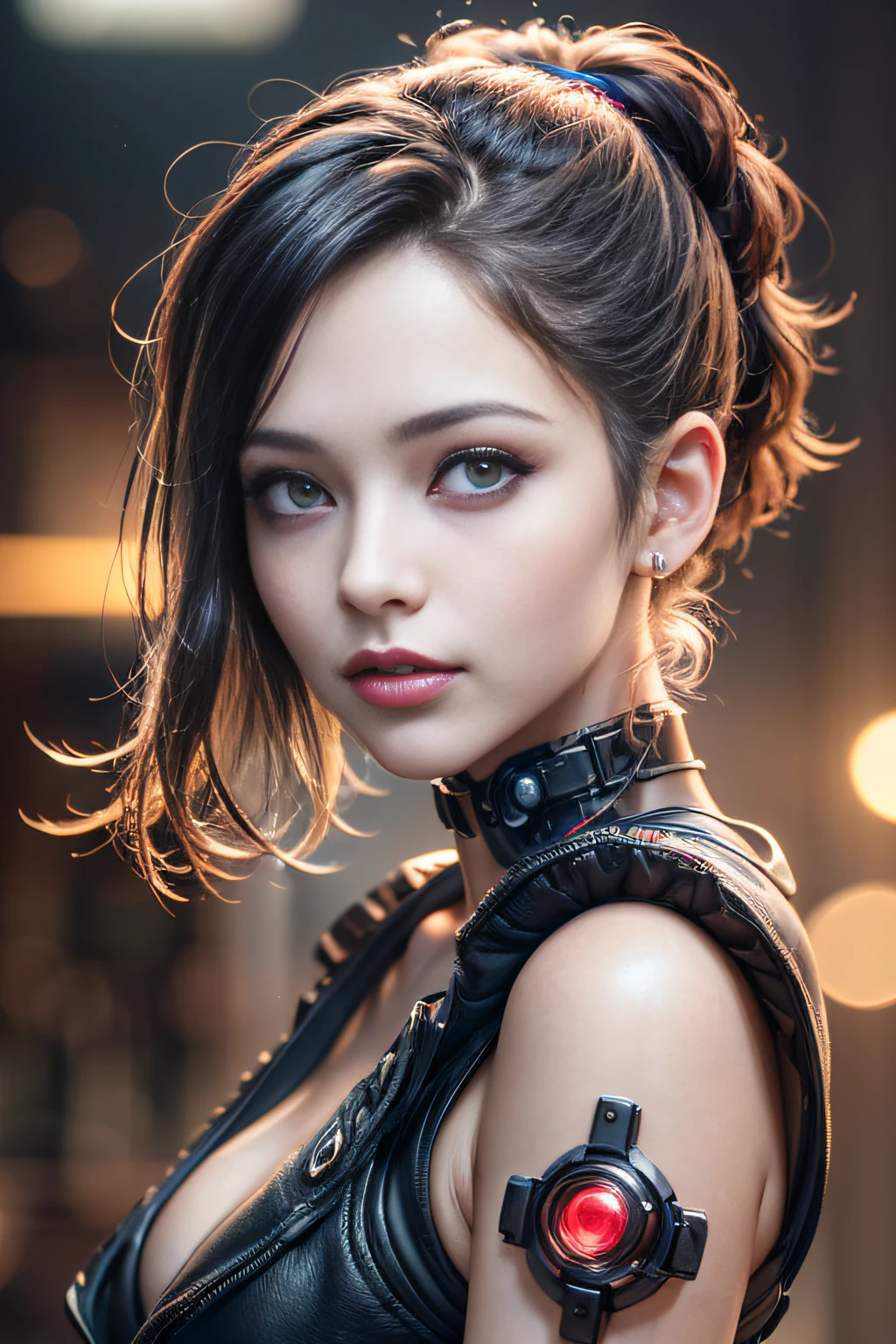 (Top Qualität,8K,32K,Meisterwerk,nffsw:1.3),Eine hohe Auflösung,(Photorealsitic:1.4),RAW-Foto, cyber punk Girl, Niedliche Gesichtsdetails, Cyberpunk Hair, Cyberpunk Fashion, sehr detailreiche Kleidung, Halbkörperaufnahme,
,Cyberpunk-Stadthintergrund, Hintergrundbeleuchtungseffekt, Linsenreflexion, Tiefenschärfe,CBPKV5